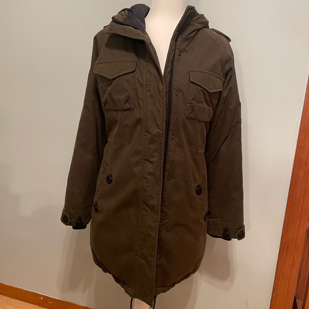 ARITZIA COMMUNITY MILITARY FISHTAIL PARKA, SMALL. Canvas exterior down interior